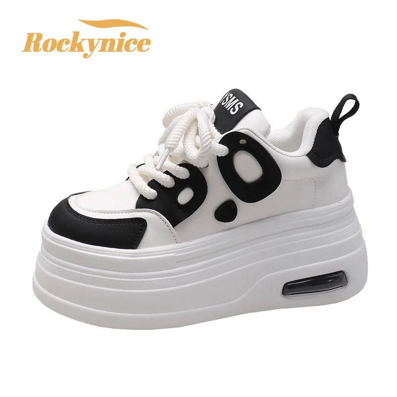 

8CM Leather Women Casual Shoes High Platform Wedges Skateboard Shoes Women Chunky Sneakers Spring Autumn Vulcanized White Shoes