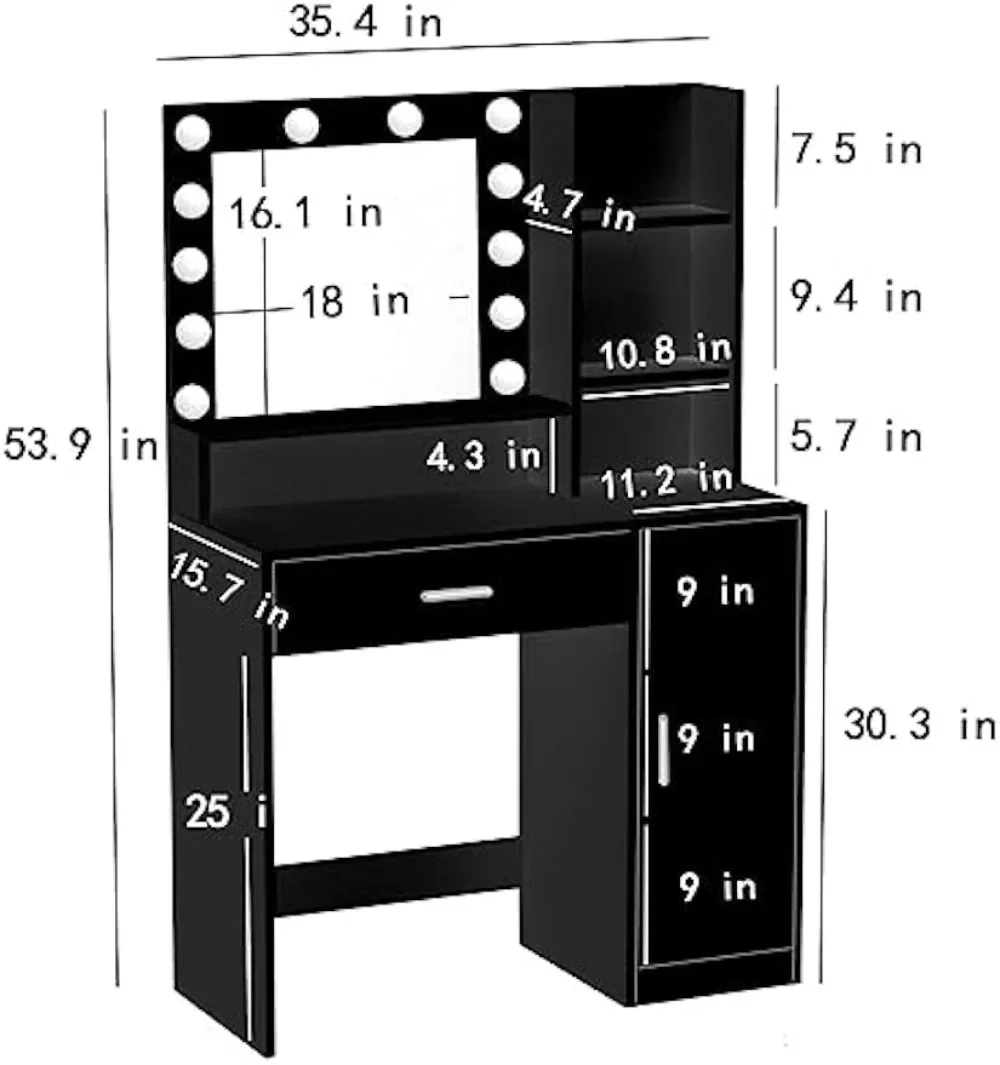 Vanity Desk with Mirror & Light, Large Drawer & Three Level Storage Dresser, 3 Lighting Modes Adjustable Brightness