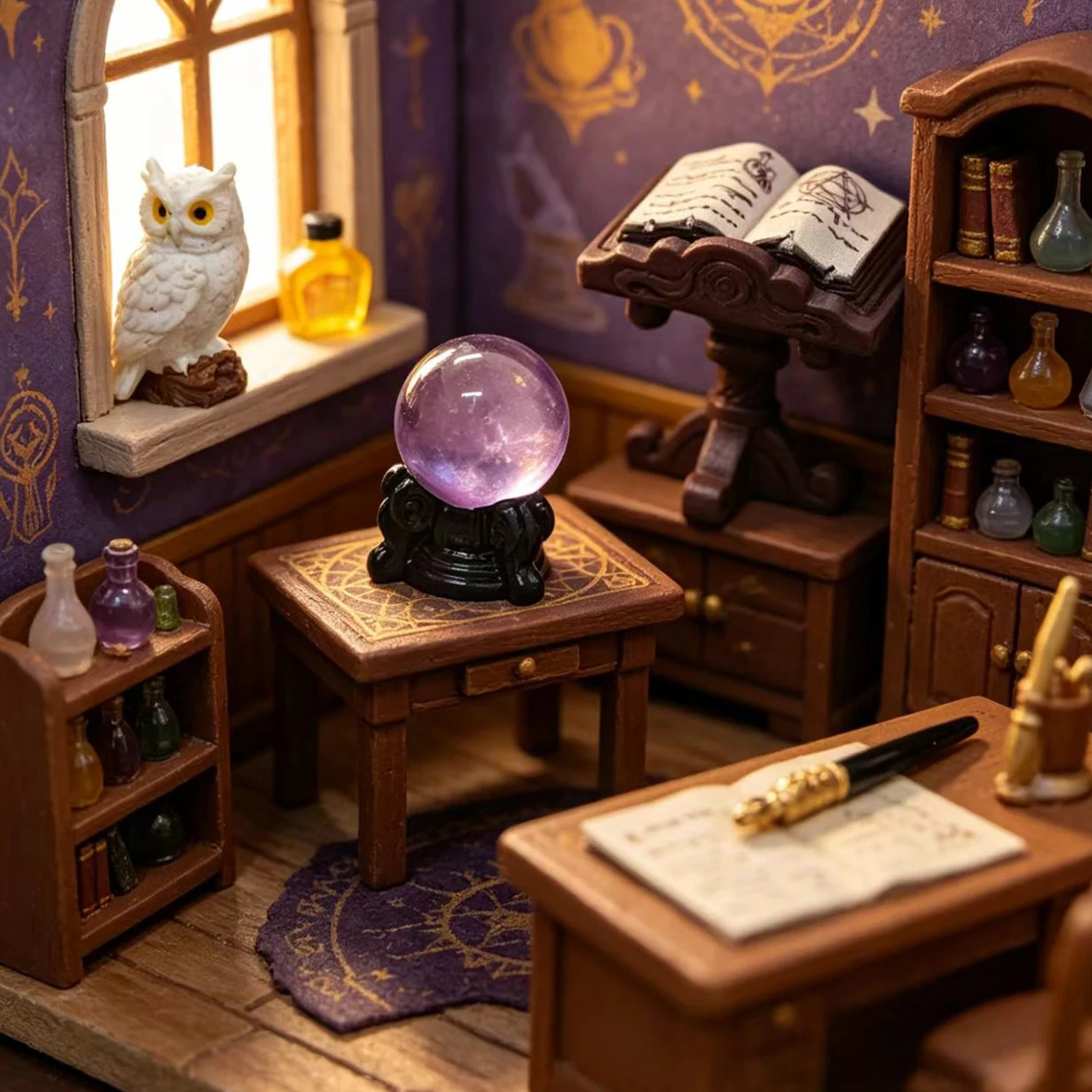 5 Stück Miniatur-Eulen-Zauberfiguren, Puppenhaus-Zubehör für dunkle Räume, Kristallkugel-Eulen-Medizin-Stift, Miniatur-Szenenrequisite – Detail 4