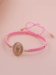 Gold Color Oval Shell Zircon Virgin Mary Handwoven Adjustable Push-Pull Rope Chain Bracelet Women's High Quality Jewelry