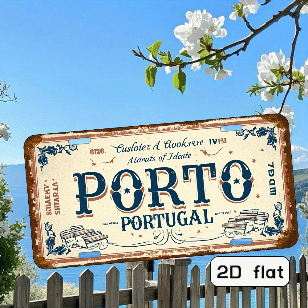 Letrero Metálico Plano 2D, 1 Pieza, Diseño de Matrícula Vintage de Porto, Portugal, Decoración de Pared de Aluminio con Aspecto Antiguo Europeo Retro para el Hogar
