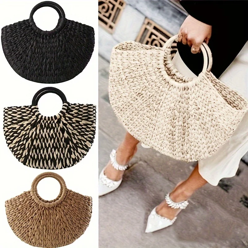 Straw Woven Clutch Bag, Retro Large Capacity Tote Bag, Women\'s Casual Handbag For Beach Travel