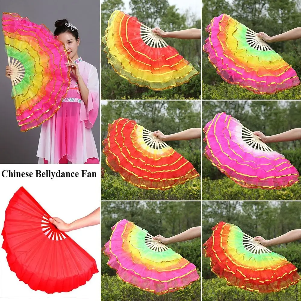 New Chinese Short Bellydance Fan Half Circle Silk Veil Pairs Yangko Dance Bamboo Fans Hand Dye Adults Hot Sell