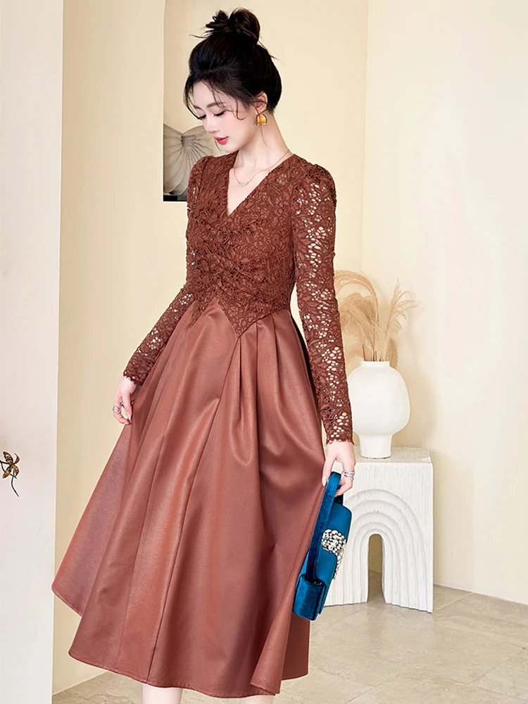 Prom Party Elegante Frauen Retro Braun Spitze Splic V-ausschnitt Falten A-Line Midi Kleid Formale Süße Dating Dame Robe Vestidos Casual Neue