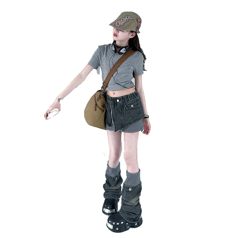 1pc 2025 America retro summer child teens Girl Cloth short crop top T-shirt or Irregular vertical denim jeans skirt 12 8 10 Year
