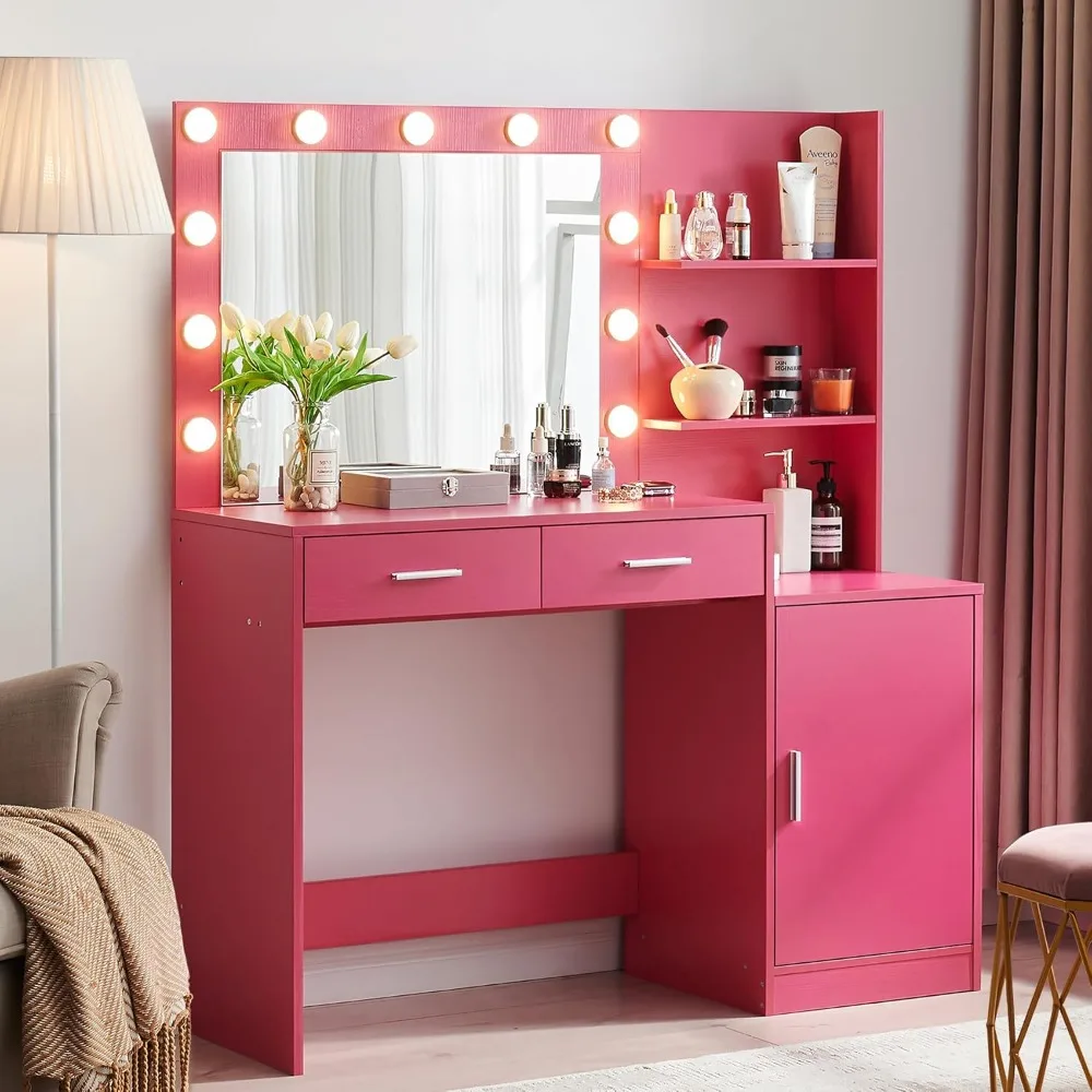 46.7IN Vanity Desk with Mirror and Lights, Dressing Table with 2 Large Drawer&Large Vertical Organizer, Suitable for Bedroom