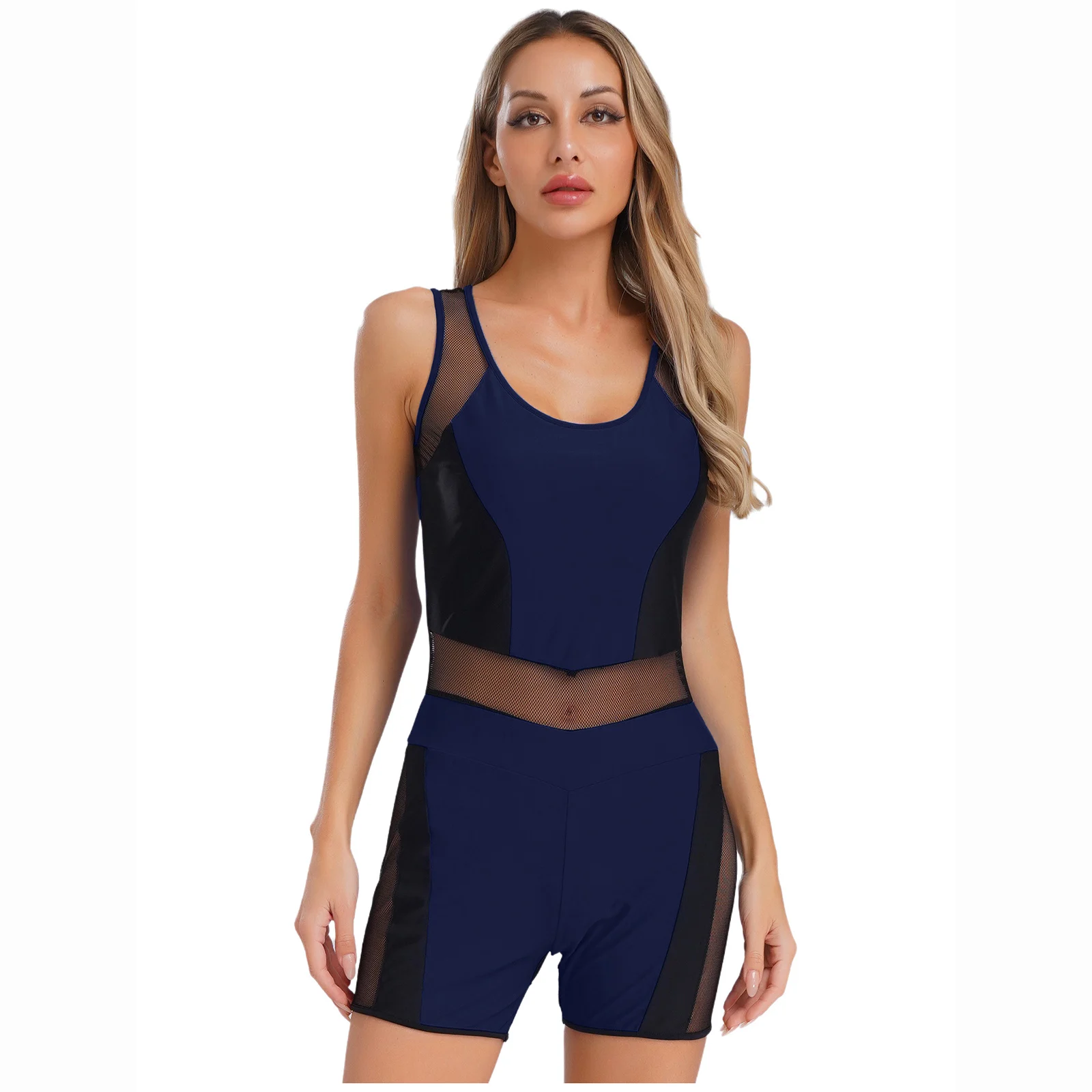 

Women Workout Sport Bodysuit Sleeveless Sheer Mesh Jumpsuit with Removable Chest Pads for Workout Yoga Exercise Shape Wear