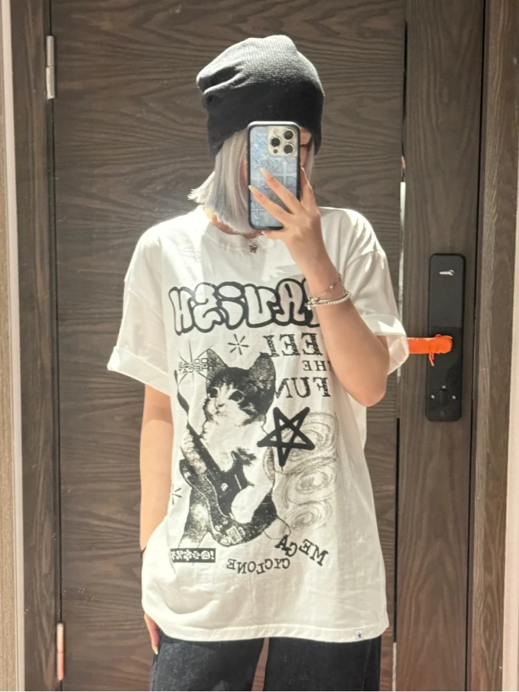 American Cat Rock Guitar Graphic Short Sleeve T-Shirt Loose Korean Fashion Oversized Women's Summer Clothes Y2K Streetwear
