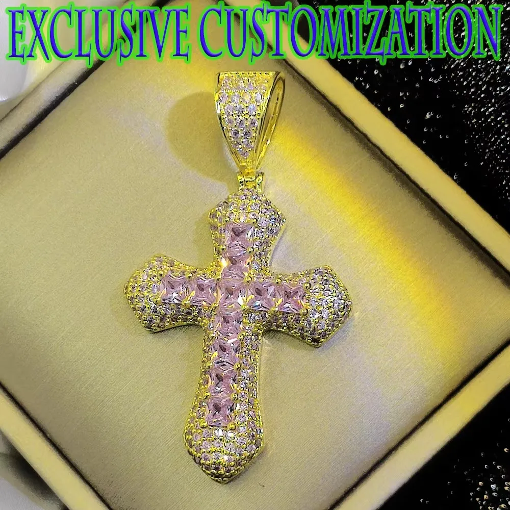 High end new hip-hop necklace, pink crystal diamond inlaid cross gold pendant, top grade 18K gold plated design, trendy boutique