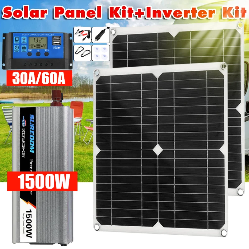 100W Solar Panel +1500W Inverter +30/60A Controller Kit Flexible Solar Charger Panel Module for RV Boat Cabin Home Camping