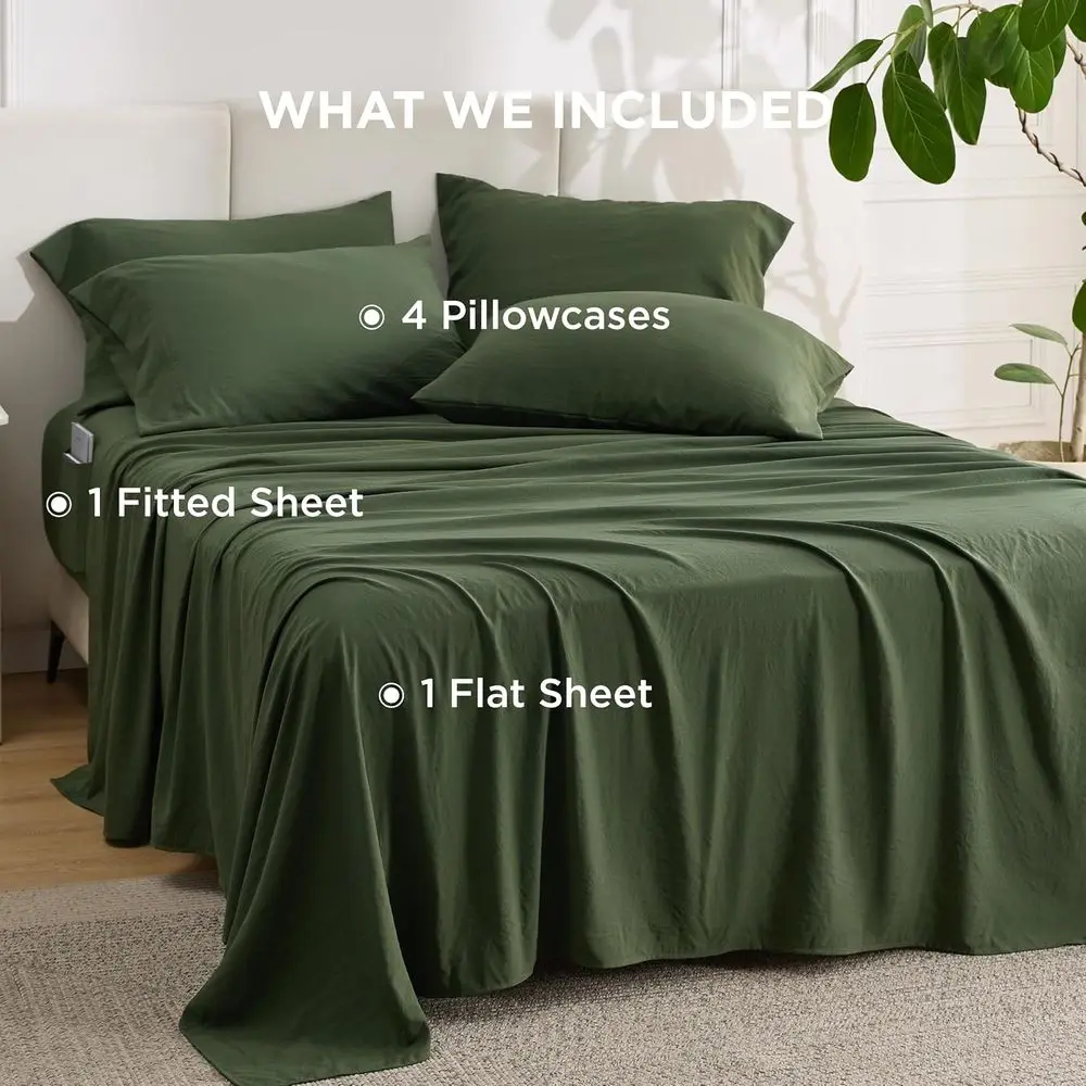 Set Sprei Queen Ultra Lembut 6 Potong, Sudah Dicuci, Cocok untuk Kasur hingga 18 inci, Bernapas & Aman, Kualitas Hotel, Hijau Zaitun