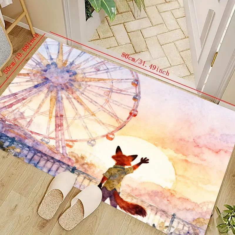 

1 шт. милый коврик в стиле аниме «Лиса и колесо обозрения», эстетический ковер с акварелью на закате, нескользящий моющийся декоративный ковер для жизни