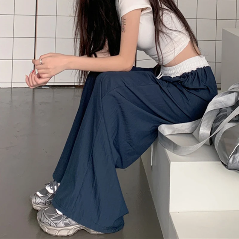 Streetwear Mix Color High Waist Baggy Pants Women Spring Summer Quick Drying Loose Trouser Woman Lace Up Wide Leg Sweatpants