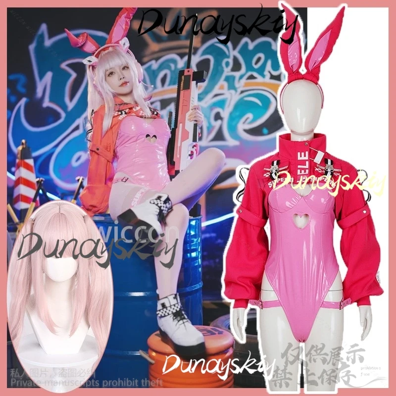 Women’s Nikki Alice Cosplay Costume Bodysuit with Rabbit Ear Headband Pink Wig Game NIKKE The Goddess of Victory Suit Customized