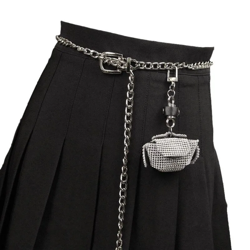 حقيبة حزام خصر بسلسلة من حجر الراين للسيدات العصرية، حقيبة خصر صغيرة من حجر الراين، حزام على شكل سلسلة، سراويل تنورة بدلة متطابقة مزخرفة #1