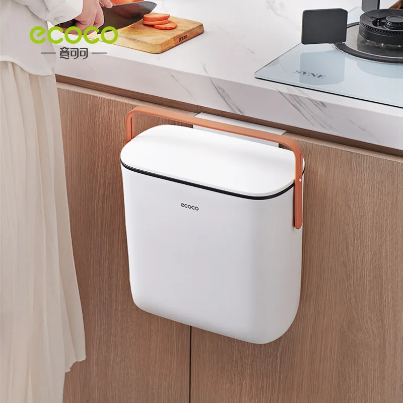 ECOCO Kitchen Trash Can Wall Mounted Trash Bin With Lid Waterproof Narrow Seam Hanging Rubbish Bin Bathroom Waste Garbage Bin