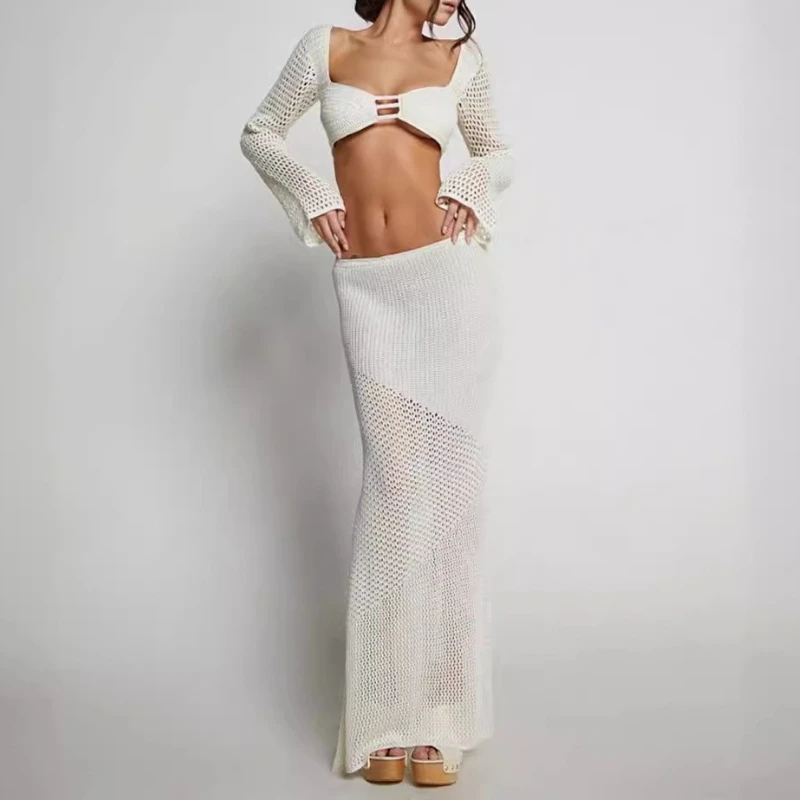 

2 Piece Skirt Set Hollow Long Knitted Skirt Suit Hip Mermaid Women'S New Long Sleeve Bra Croped Tops Sexy Beach Holiday Summer