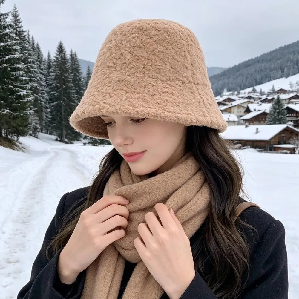 Women Lambswool Bucket Hat, Winter Warm Fisherman Cap, Cozy Cloche Cap for Fall Cold Weather Street Fashion 2027 New Hot