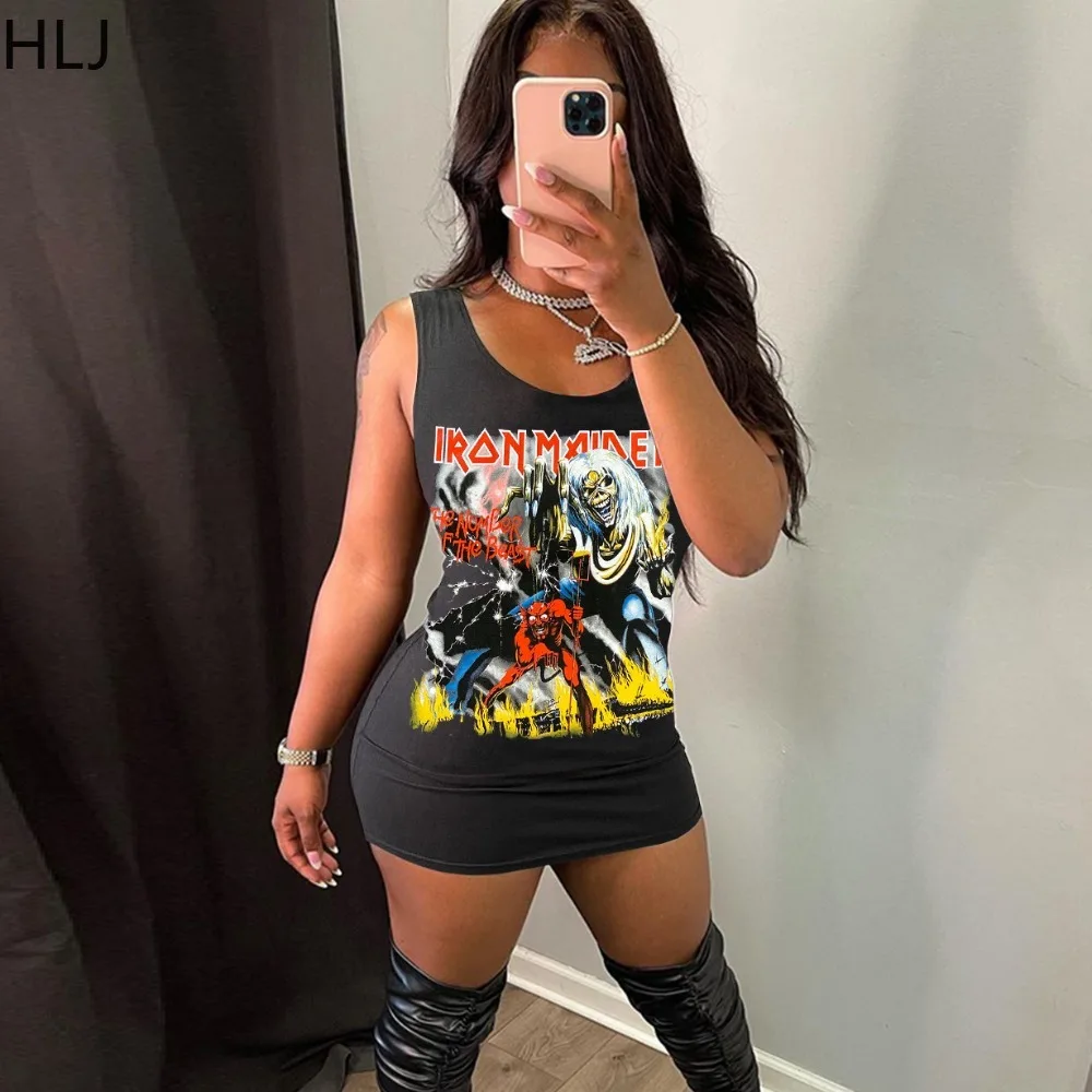 

HLJ Summer New Y2K Punk Streetwear Women Round Neck Sleeveless Bodycon Mini Dress Fashion Female Pattern Printing Slim Vestidos