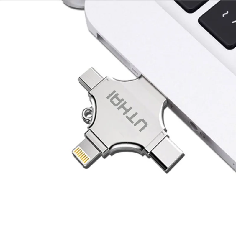 

UTHAI T83 USB-флеш-накопитель 4-в-1, металлический рулевой накопитель Type-C Lightning Micro USB, совместимый с iPhone, 64 ГБ, 32 ГБ, 128 ГБ