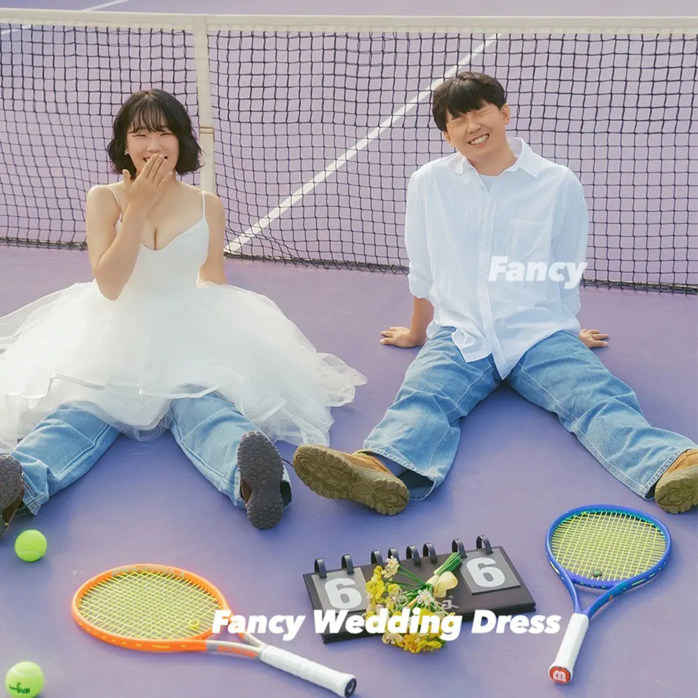Fancy Korea Sexy Spaghetti Straps Wedding Dress Korea Photoshoot A Line Tiered Skirt Bridal Gown Back Corset Customized