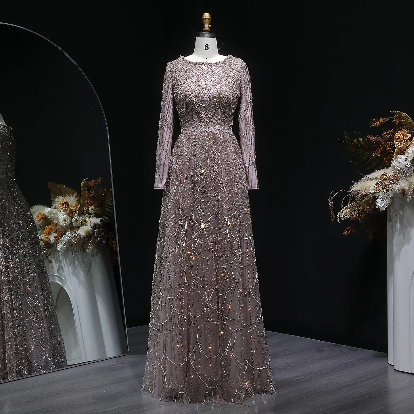 Sharon Said Luxuriöses Dubai-Abendkleid mit grünen Perlen und langen Ärmeln, Saudi-Arabisches Damen-Hochzeitskleid, formelle Partykleider SS625, maßgeschneidert – Detail 21