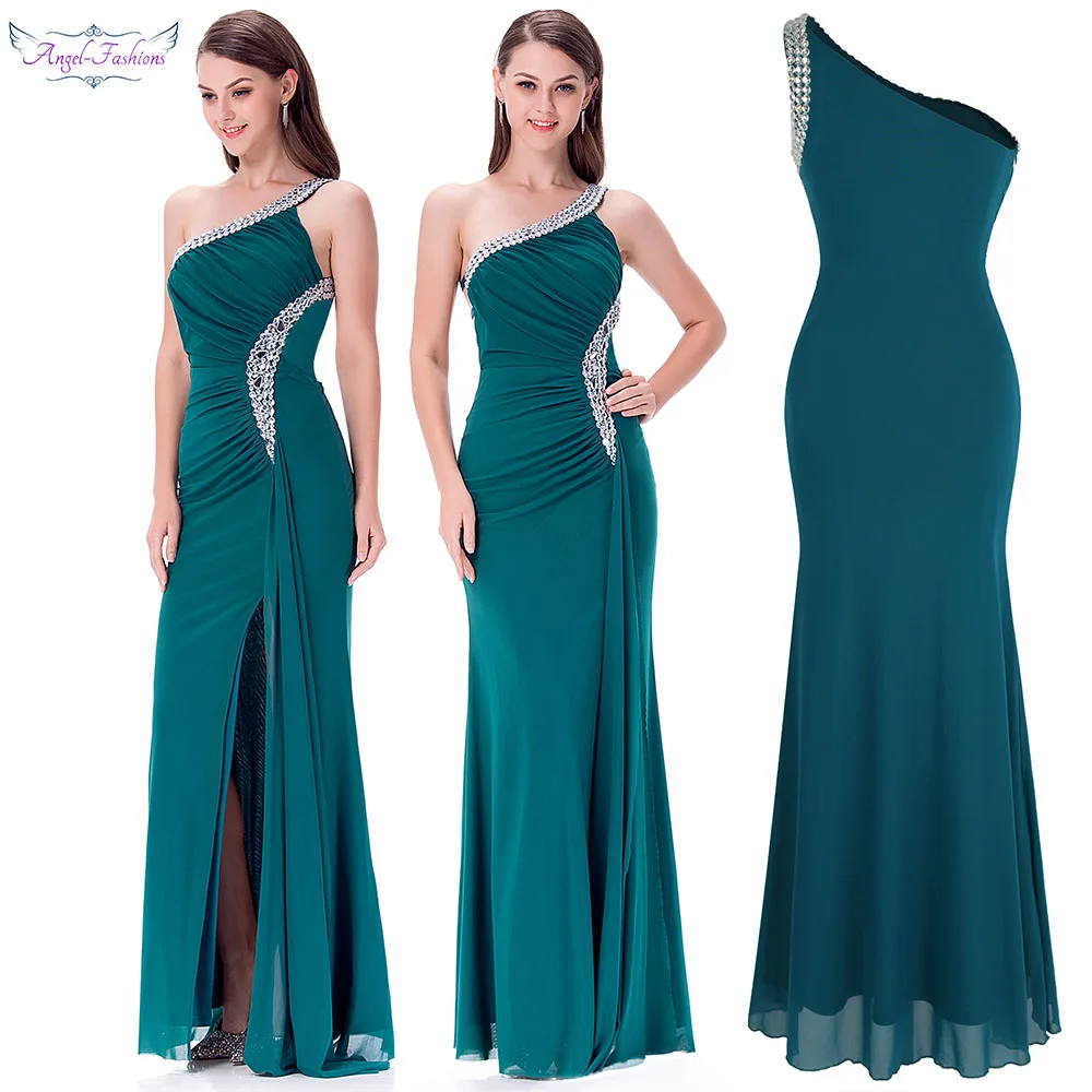 

Angel-fashions Beading One Shoulder Silt Pleat Draped Long Evening Dress Elegant Wedding Party Guest Gown 411 Green