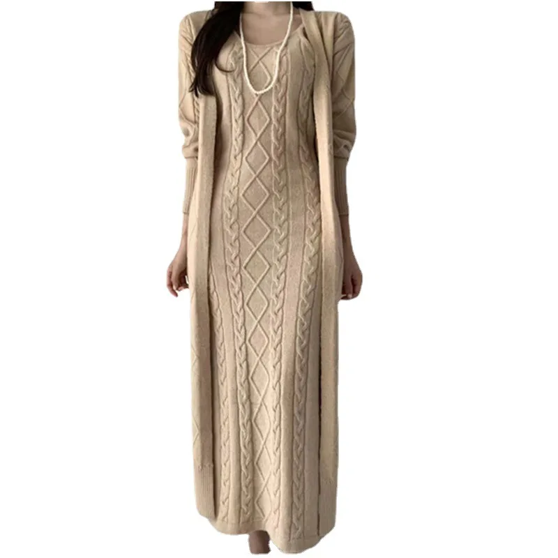 Winter Women Knitted 2 Pieces Set Casual Long Coat Dress Solid Long Sleeve Sweater Coat +Knitted Dress 2PCS Suits Women Warm Set