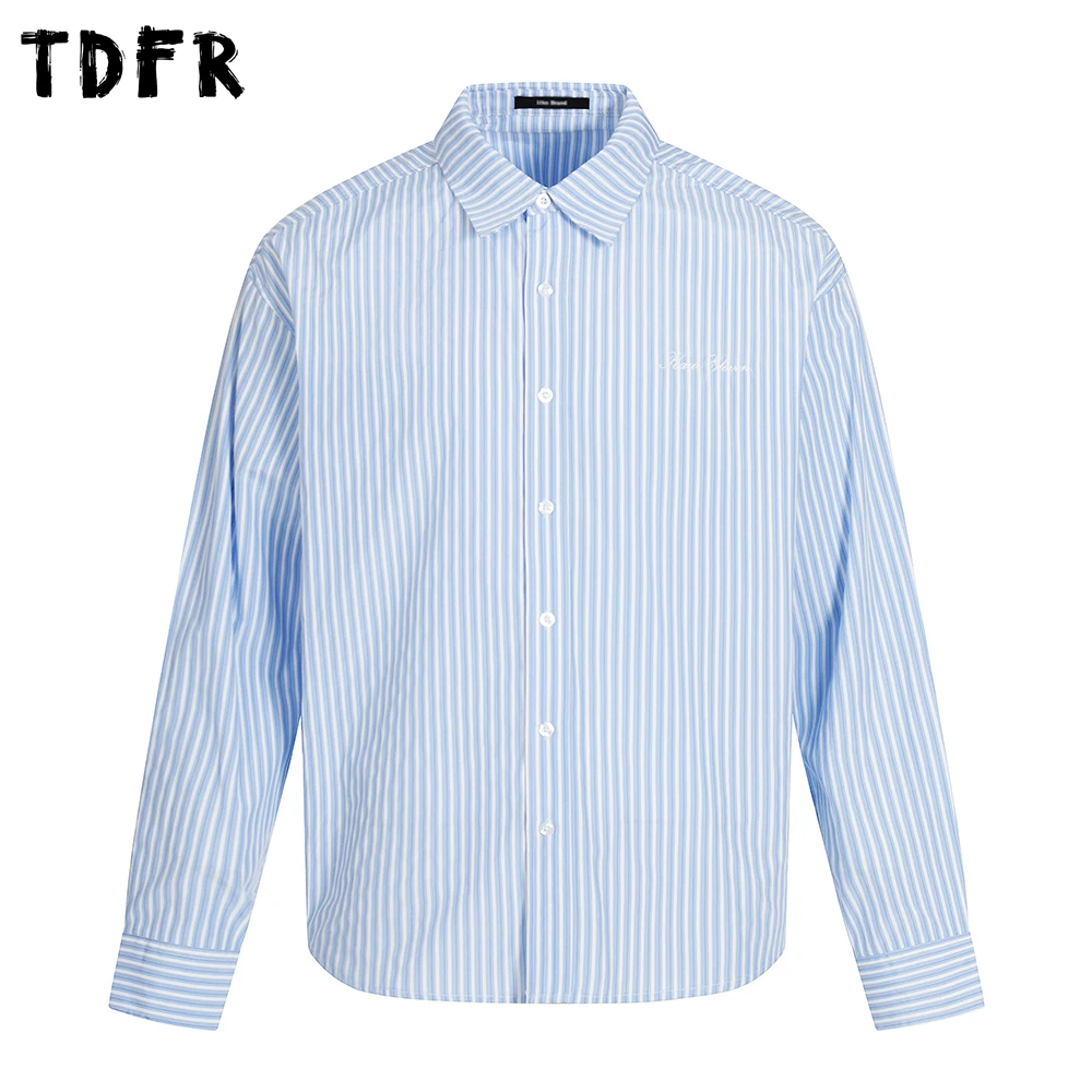 رسالة التطريز مقلمة قمصان رجالي الخريف عادية ريترو فضفاض التلبيب واحدة الصدر طويلة الأكمام قمصان رجل