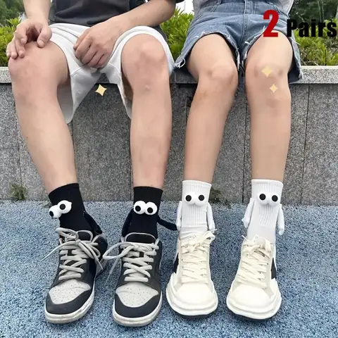 창의적인 땀 흡수 미드 튜브 양말, 손 잡을 수 있는 패션, 연인 친구, 가족 3D 만화, 남녀공용 양말, 2 쌍