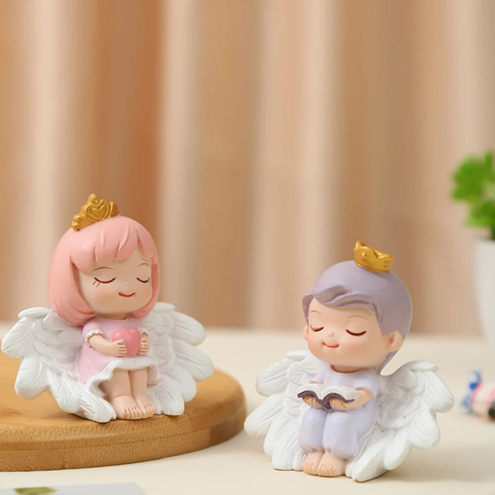 

2Pcs Figurines Resin Sculpture Decoration Desk Ornament Desktop Angel Statue