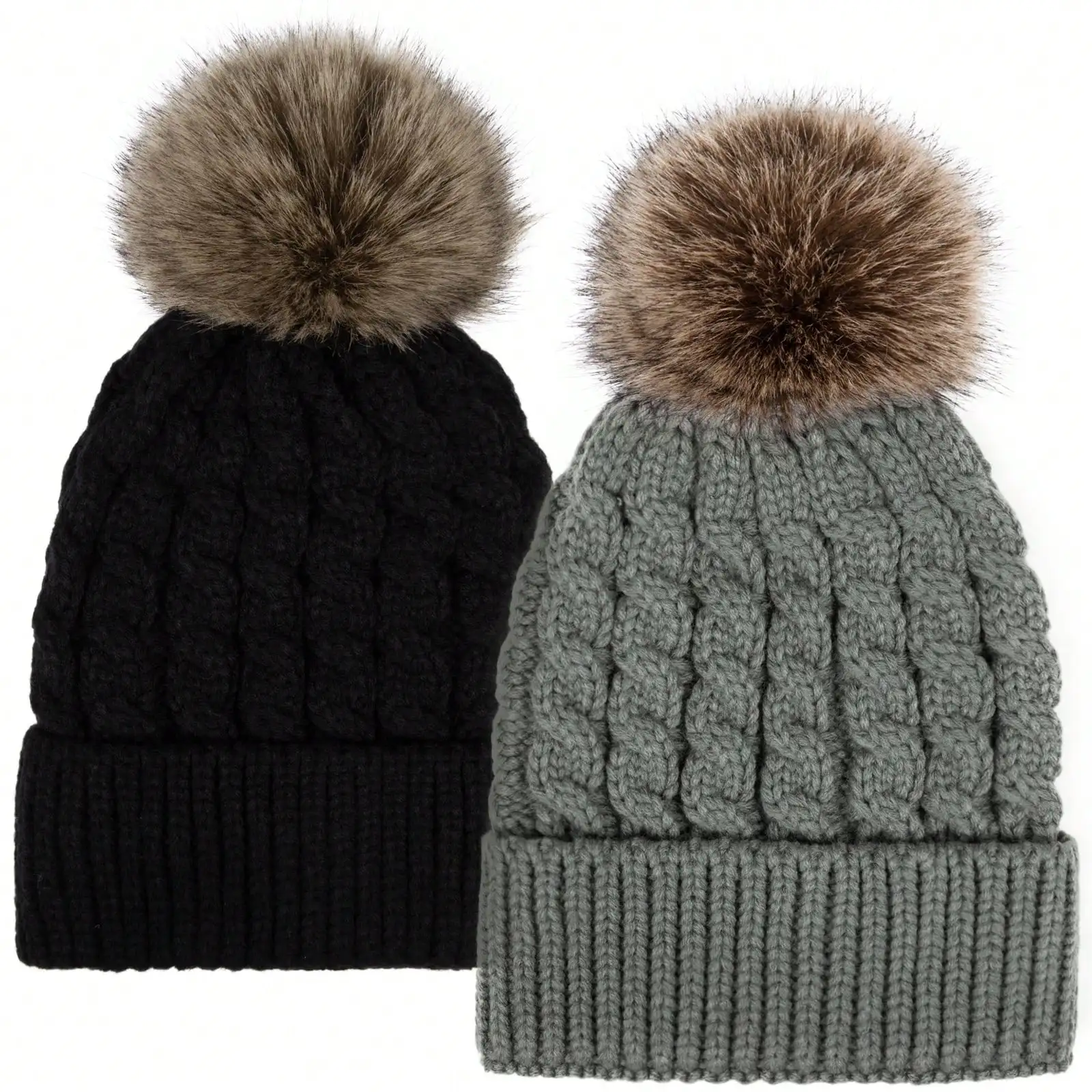 

Unisex Winter Faux Fur Pompoms Beanies For Women 2 Pack