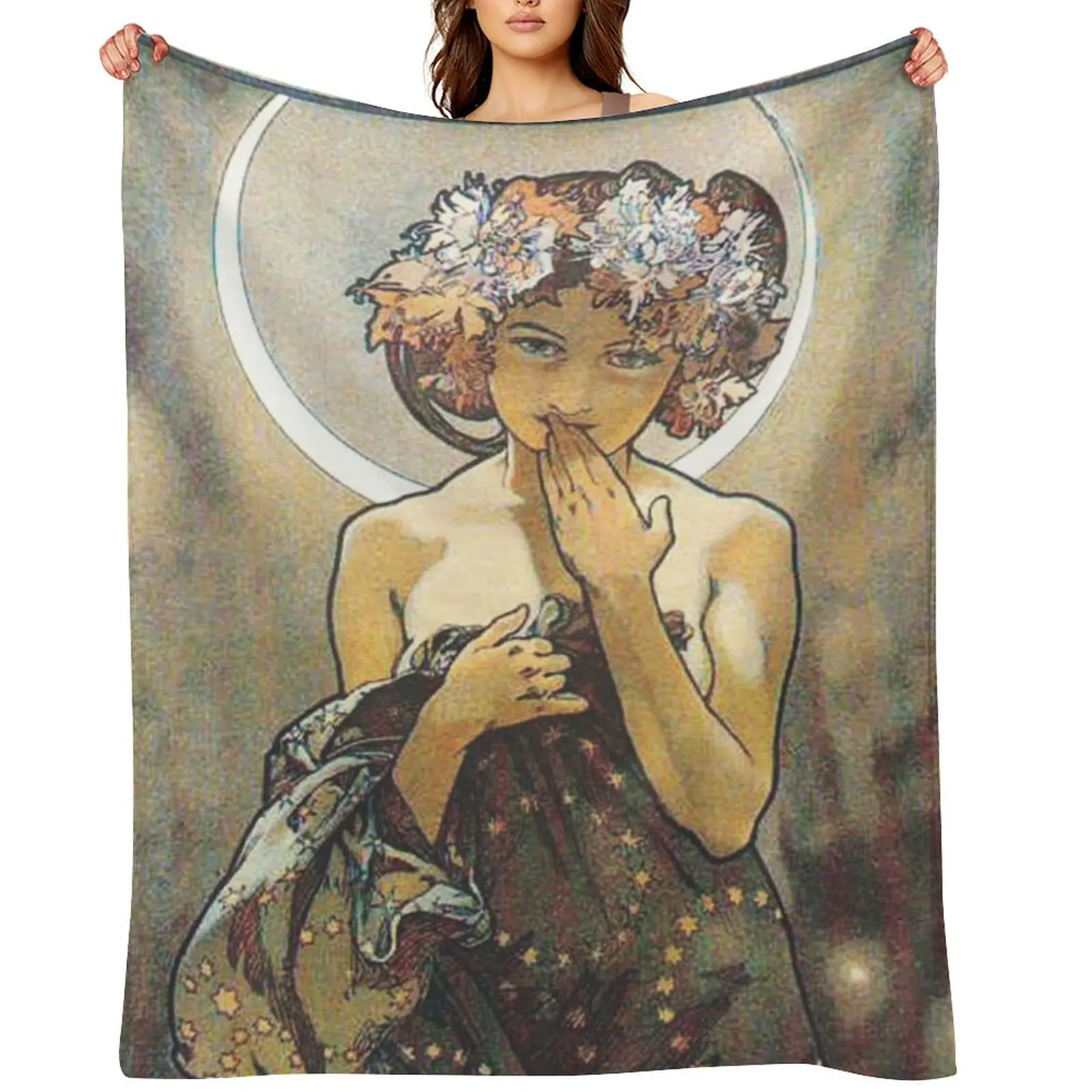 

HD. The Moon and the Stars, (number 1 from serie of 4) by Alphonse Mucha (1902) HIGH DEFINITION Throw Blanket Picnic Blankets