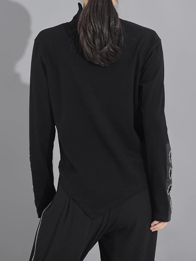 [EAM] Women Black Hollow Out Asymmetrical Split Joint T-shirt New Stand Collar Long Sleeve  Fashion Spring Autumn 2024 1M87401