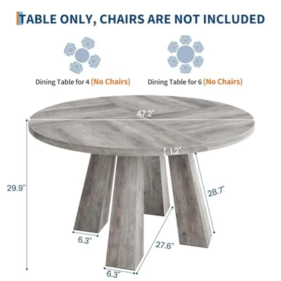 47 Round Dining Table for 4-6 People, Rustic Farmhouse Wood Kitchen Table, Natural Finish, Sturdy Solid Wood Construction, Perf