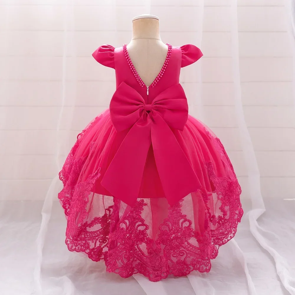 Rose Pink Baby Girls Dress Trailing Infant Baby Princess Party Dresses For Girl Toddler Baby Bow Lace Birthday Wedding Prom Gown