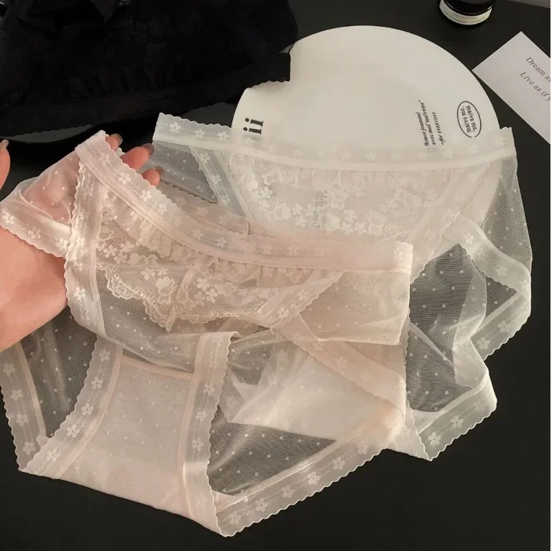 Flower Ruffle Edge Hollow Lace Edge Fairy Ultra Thin Pure Lace Gauze Girl Underwear High Slit No Leg Soft Skin Briefs Quick Dry