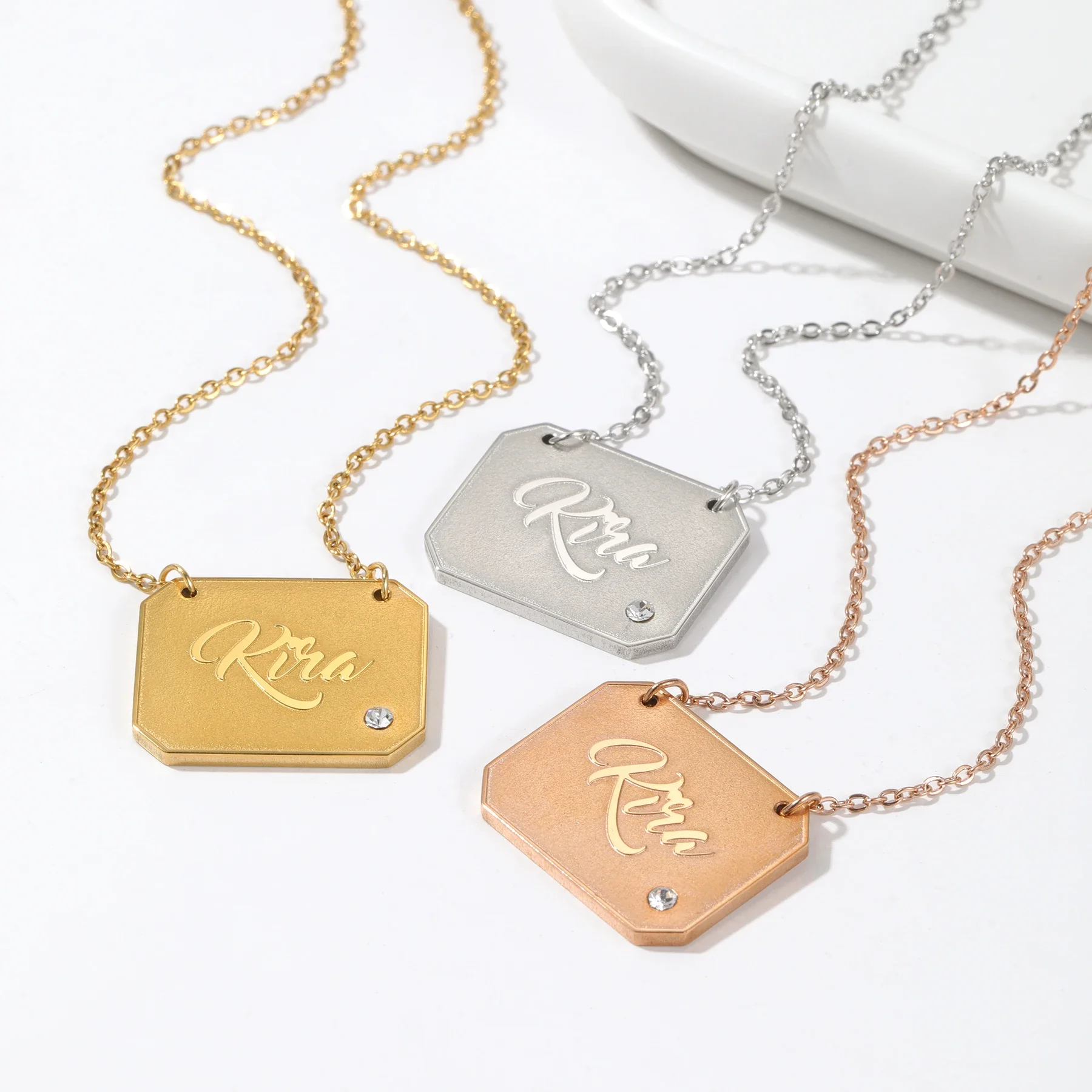 

Нержавеющая сталь индивидуальное имя горизонтальный кулон ожерелье с камнем 18-каратное позолоченное имя ожерелье подарок на день рождения для нее