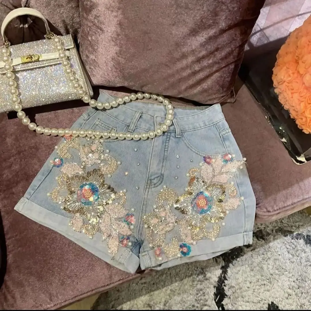 Luxury Pearls Diamonds Beaded Floral Denim Hot Shorts High Waist Thin Flowers Embroidery Sequined Jeans Short Jeans Cowboy Pants