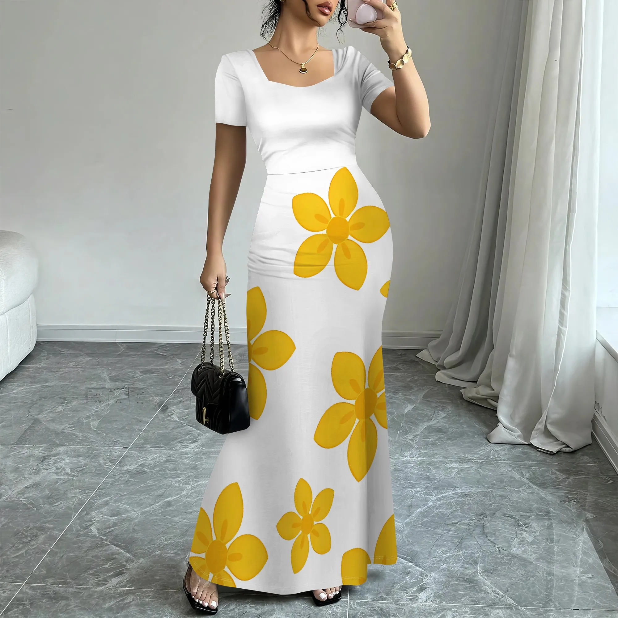 

Nupusa Flower Print Mermaid Dress Women Summer Short Sleeve Casual Maxi Dress