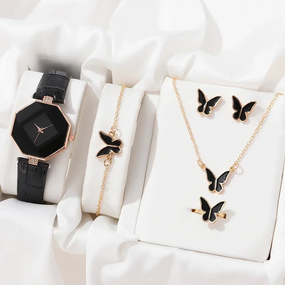 5 ชิ้นชุดแฟชั่นผู้หญิงนาฬิกาสุภาพสตรีนาฬิกาข้อมือสร้อยคอหญิงแหวนต่างหูของขวัญหนังควอตซ์นาฬิกา reloj mujer
