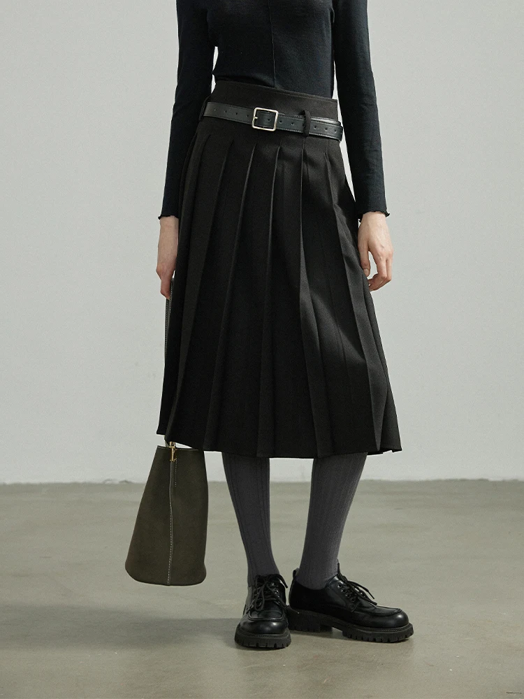 

Slimming Bla Pleated Skirt A-Line Midi Skirt High Waist Reatic Women's Autumn Winter Faion Commute Sle Polyester Fiber