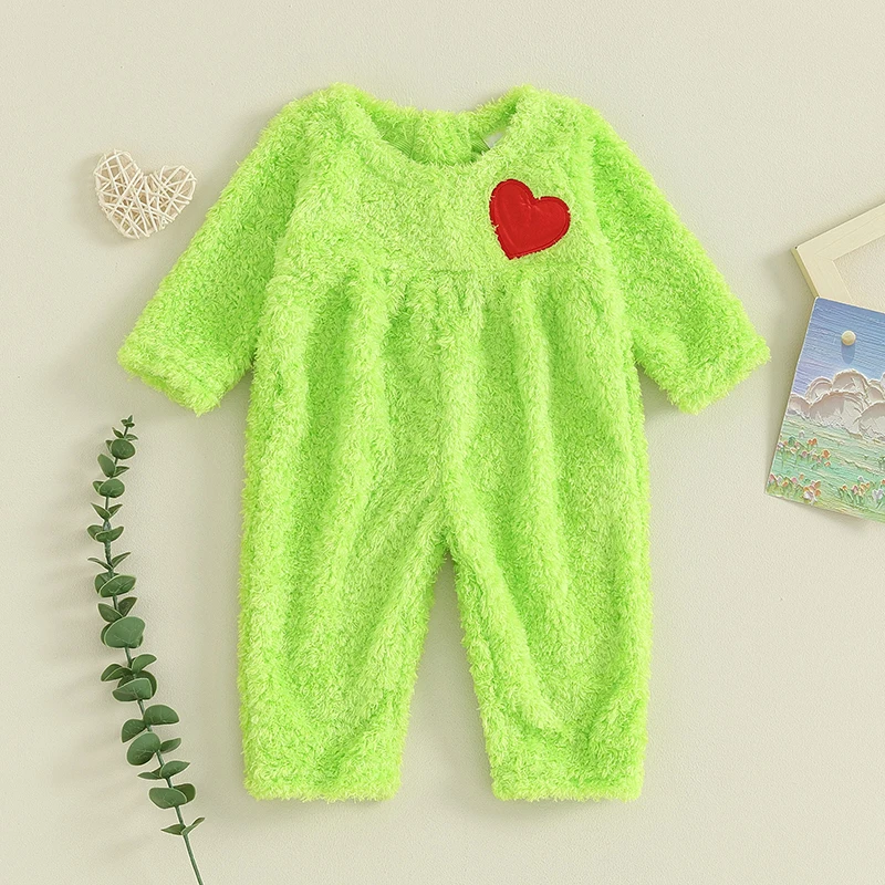 Baby Boys Girls Christmas Jumpsuits Fuzzy Long Sleeve Heart Pattern Rompers Newborn Green Monster Costume