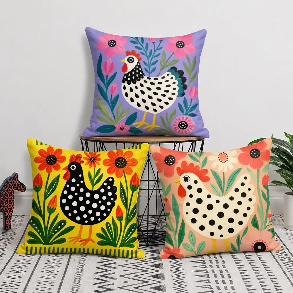 Spotted Rooster Flower Cushion Cover Short Plush Soft Double-Sided Printing Pillow Case Cozy Sofa Bedroom Home Decor Gift