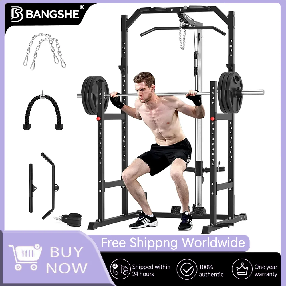 Power Rack per palestra domestica: attrezzatura per il fitness multifunzione con sistema di pulegge, panca, squat e pull-down LAT