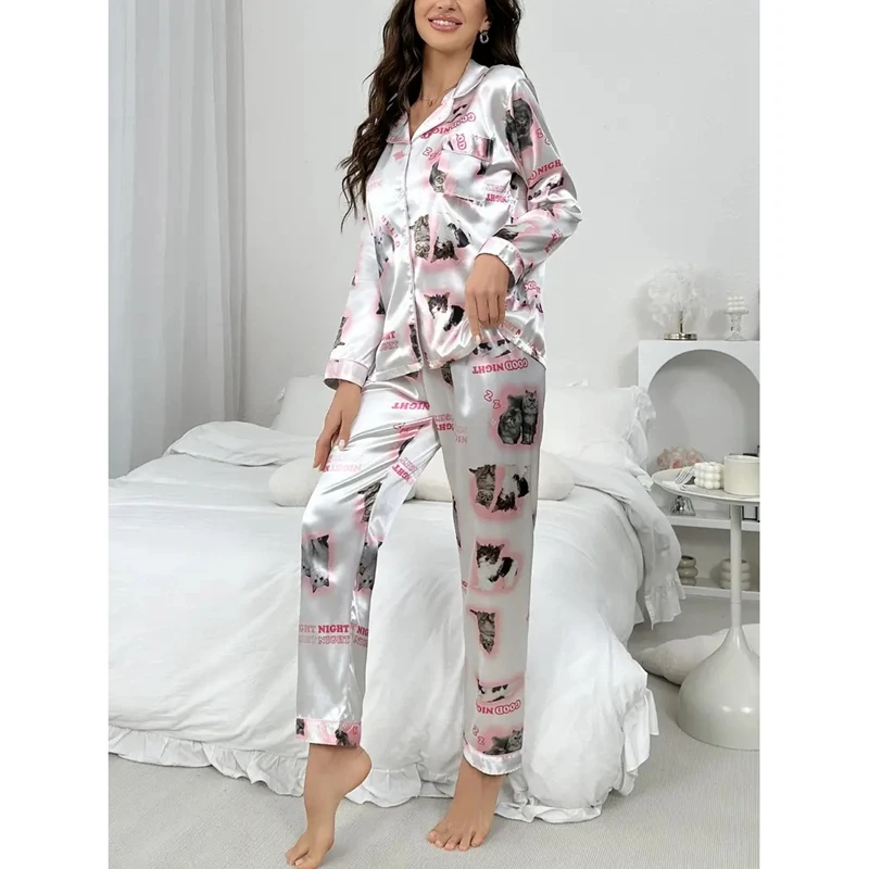 Kawaii Youth Girl Pajamas Satin Pijamas Long Sleeve Fashion Sleepwear Cute Cat Print Autumn Thin Pajama for Women Silk Homewear