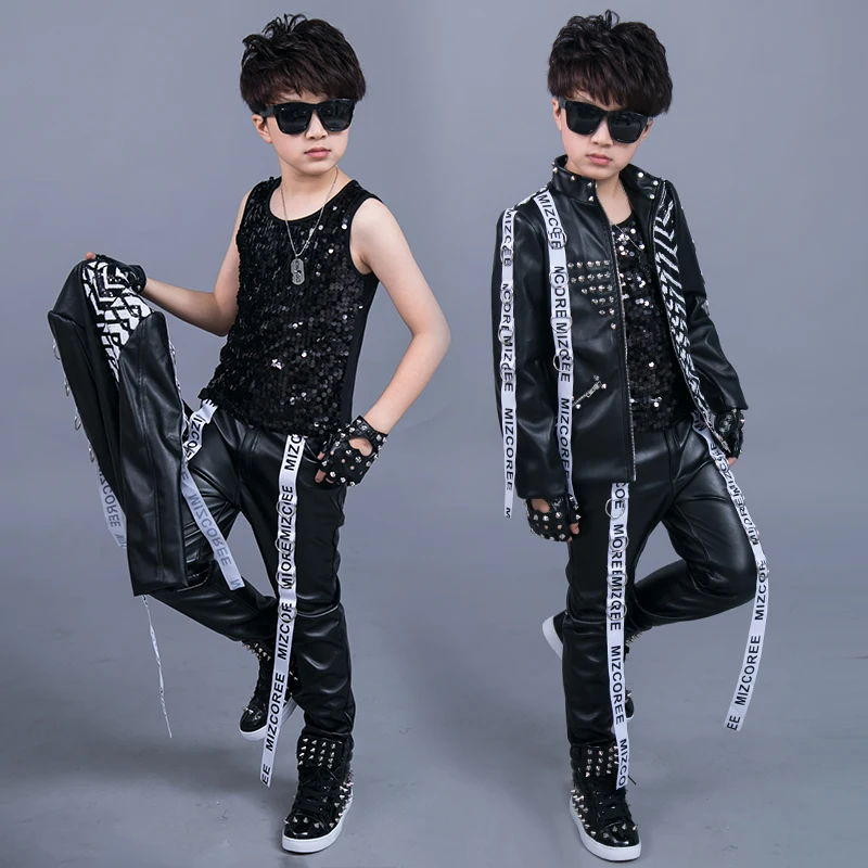 Boys' drum model walk show street clothing Korean Pu leather sequin ribbon jacket trousers suit children's performance clothing