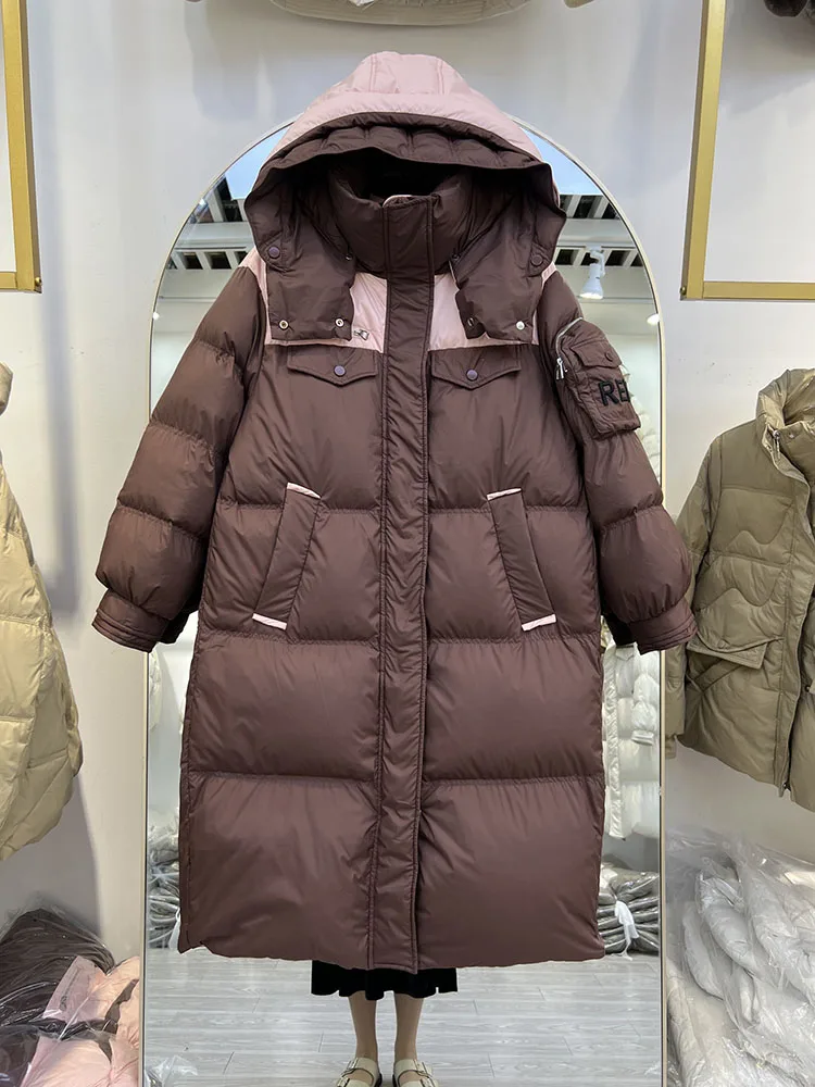 Winter new down jacket women's long hooded over the knee fashion multi pocket contrasting splicing white duck down jacket