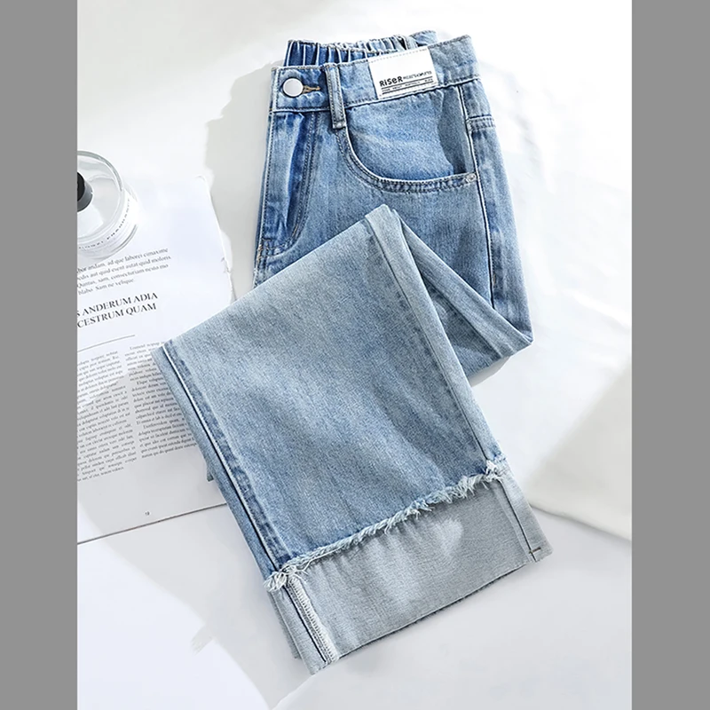 

Summer Ankle-length Blue Jeans Women 2025 New Fashion High Waist Harem Pants Thin Rolled Edge Female Slim Straight Denim Pants