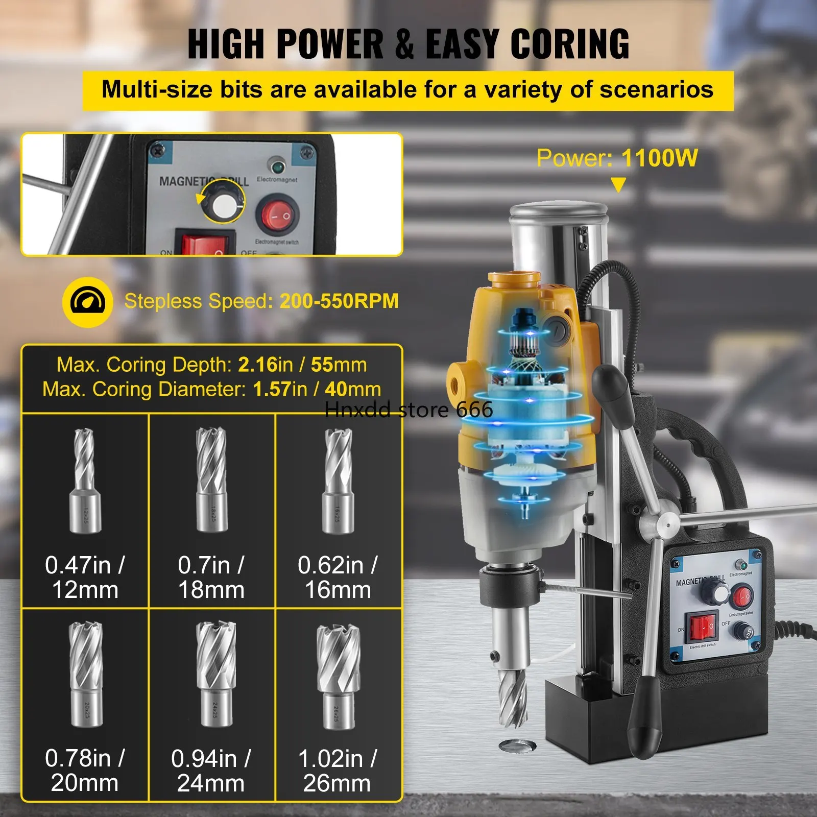 Magnetic Drill 1100W Drill Press 6 PCS Toroidal Cutter 40 mm Core Diameter Mag Drill 550RPM No-load Speed Electromagnetic